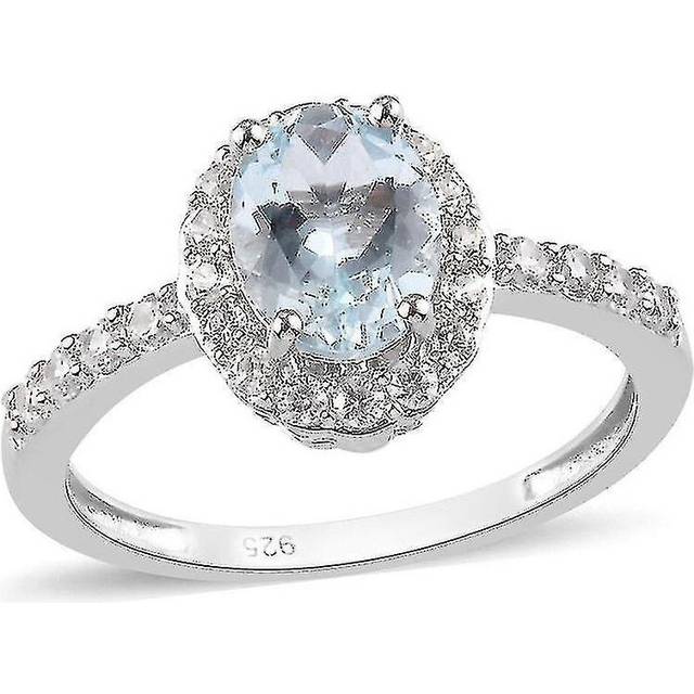 Aquamarine Halo Ring Platinum Plated Silver Anniversary Gift White Zircon 1.45ct(M)