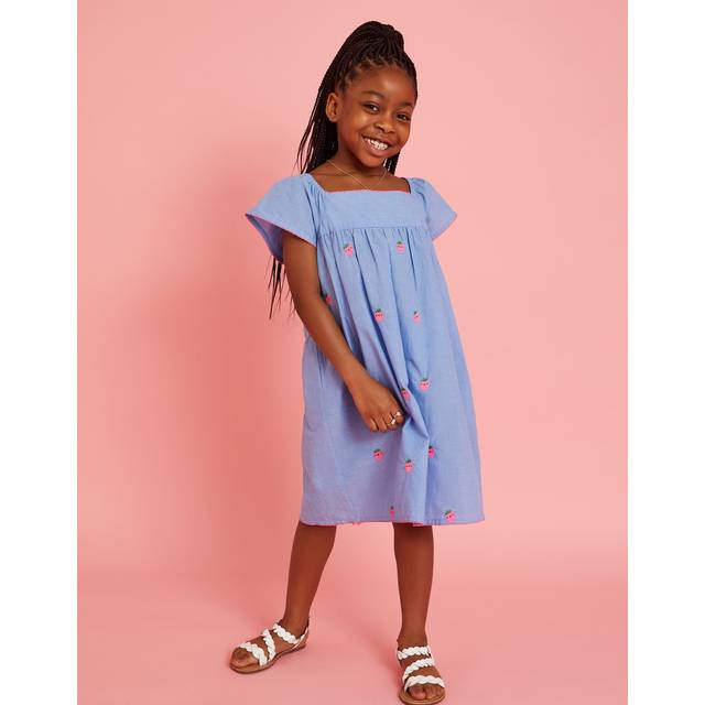 Light Blue & Pink Cotton Strawberry Chambray Smock Dress, Size: 5-6 Years, Girl's - Accessorize - 5-6 yrs