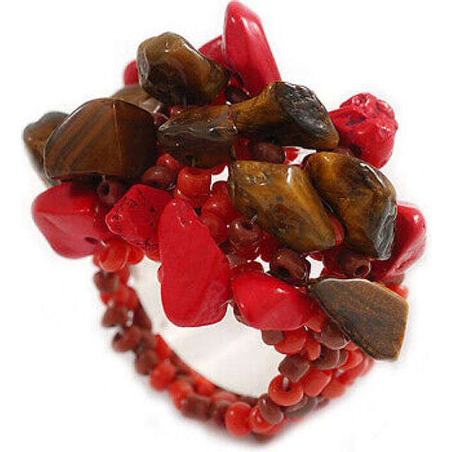 Red/brown glass bead and semiprecious stone cluster band style flex ring/ size m
