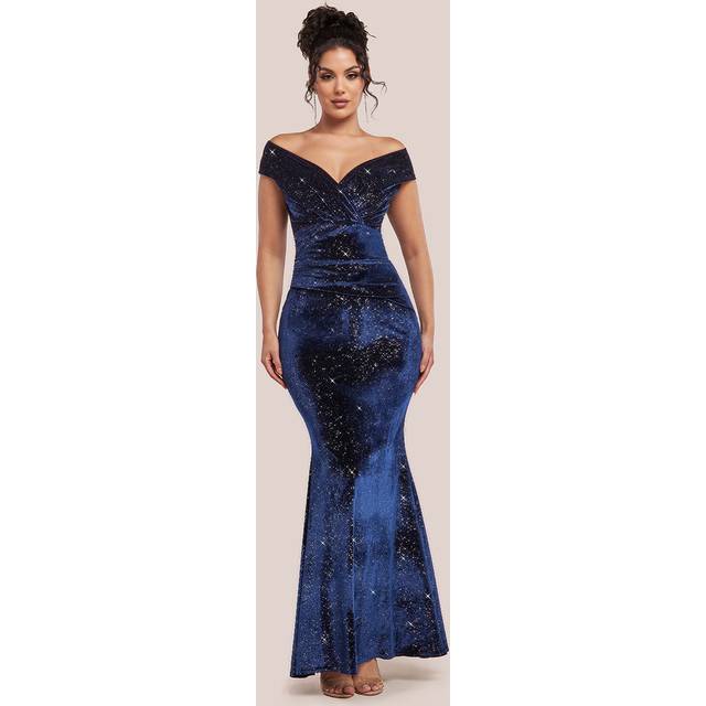 Shimmer Velvet Bardot Maxi Dress - Navy by Goddiva - 10