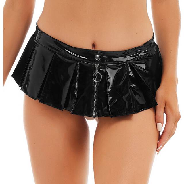 Women Wet Look Patent Leather Pleated Skirts Costumes Front Zipper Mini Skirt for Ladies Nightclub Raves Pole Dance Performance