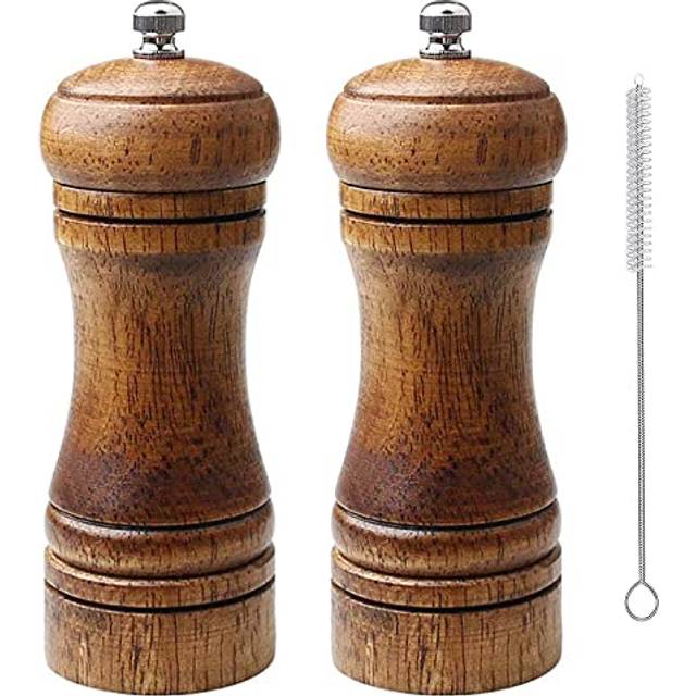 Premium Wooden Salt Pepper Grinder Set,Wooden Salt and Pepper Shakers Adjustable Coarseness Ceramic Grinder and Pepper Mill with Cleaning Brush, 5
