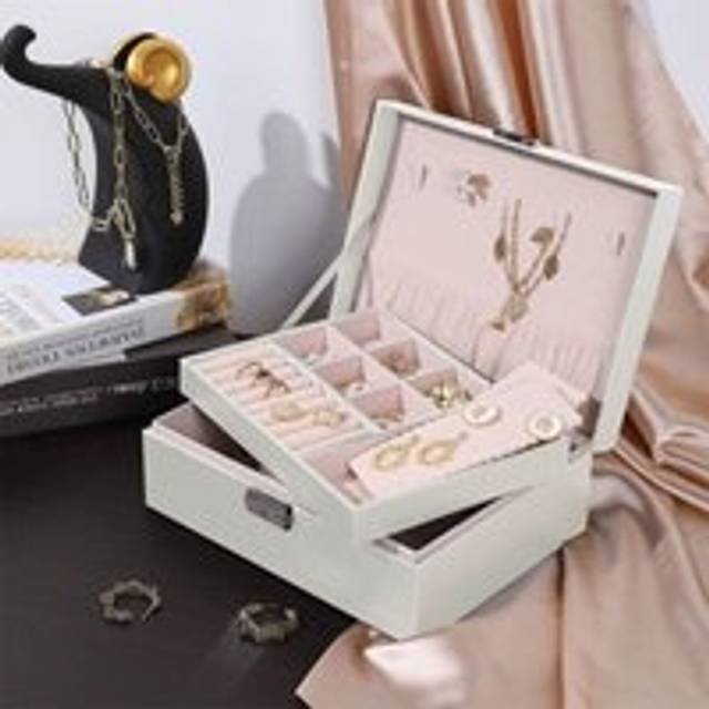 White 2 Tier pu Leather Jewelry Box with Lock