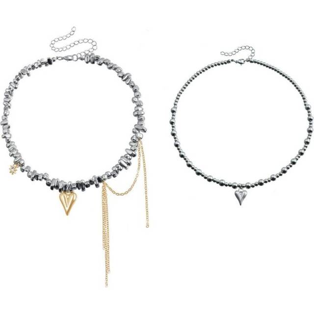 Alloy love tassel pendant silver lock bone chain heart beaded necklace women