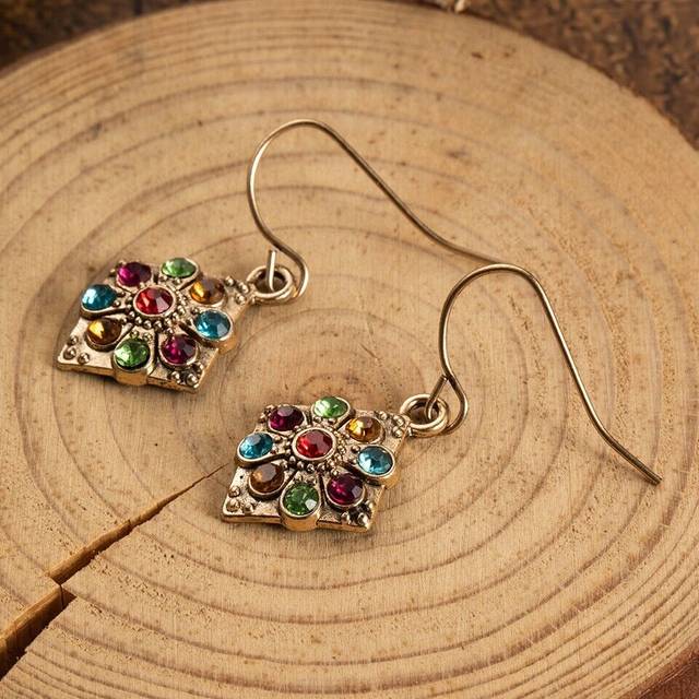 Diamond shape multi-color zirconia dangle drop hook earring gold pld