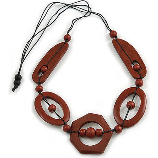 Long geometric brown painted wood bead black cord necklace - 90cm max/