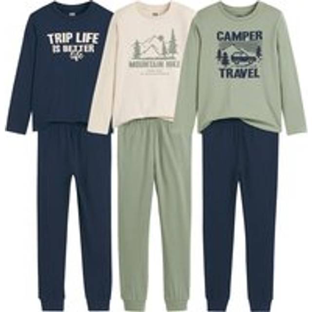 Pack of 3 Pyjamas in Cotton Jersey with Slogan/Mountains Print - Khaki+Navy+Beige - 12Y (150CM)
