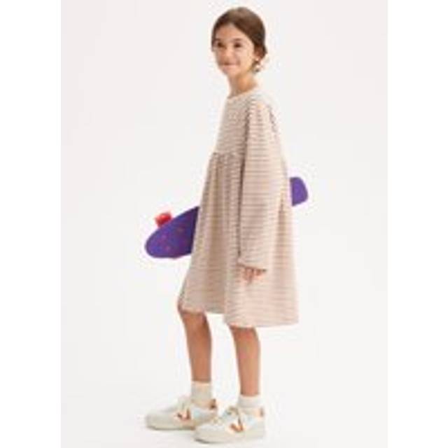 Striped Cotton Dress with Long Sleeves - Ecru/Brown Stripes - 8Y (126CM)