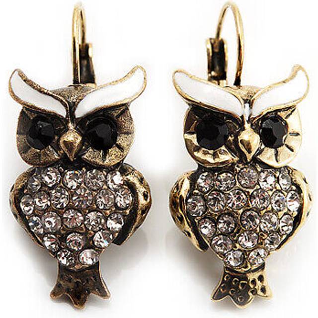Antique gold tone clear crystal owl drop earrings