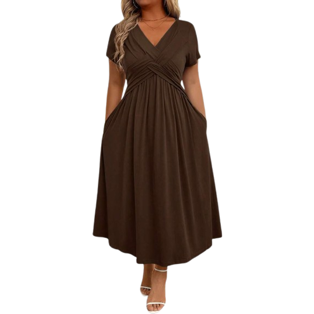 SHEIN Casual Solid Color Twist Front Short Sleeve Dress, Suitable For Vacation Maxi Women Outfit