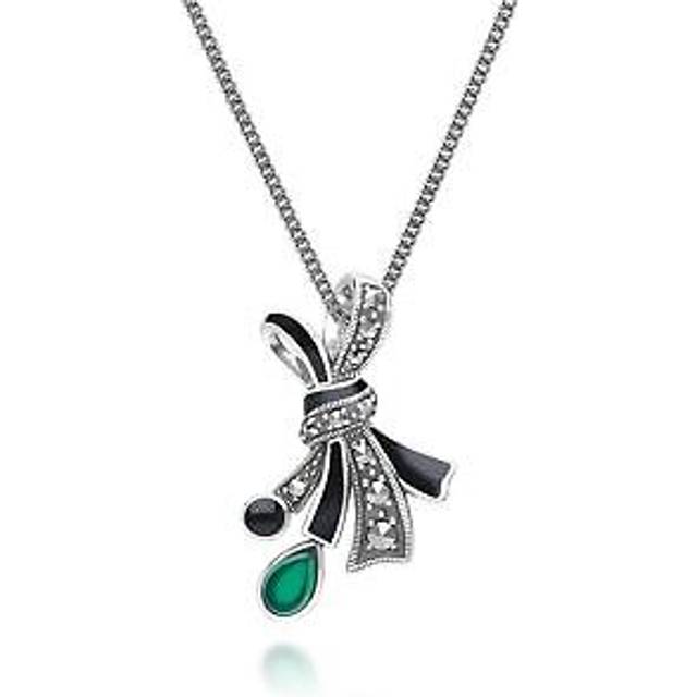 Art Nouveau Style Marcasite, Chalcedony and Black Enamel Ribbon Bow Pendant Necklace in Sterling Silver - 18 inches
