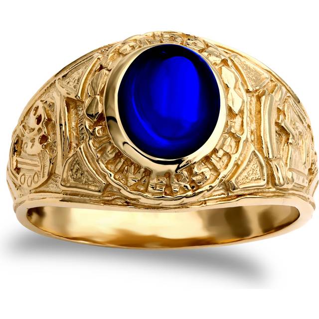 (S) Jewelco London Men&#39;s Solid 9ct Yellow Gold Blue Oval Cubic Zirconia Cabochon Solitaire Oval University College Ring