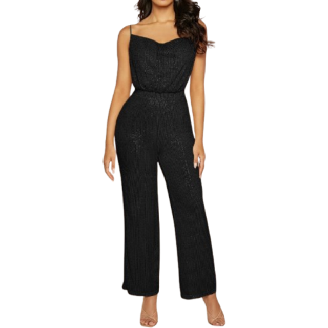 SHEIN Draped Collar Sequin Cami Elegant Jumpsuit, For Wedding Guest