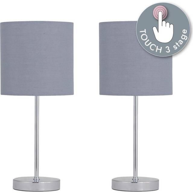 Set of 2 Chrome Touch Operated Table Lamp with Grey Cotton Shades