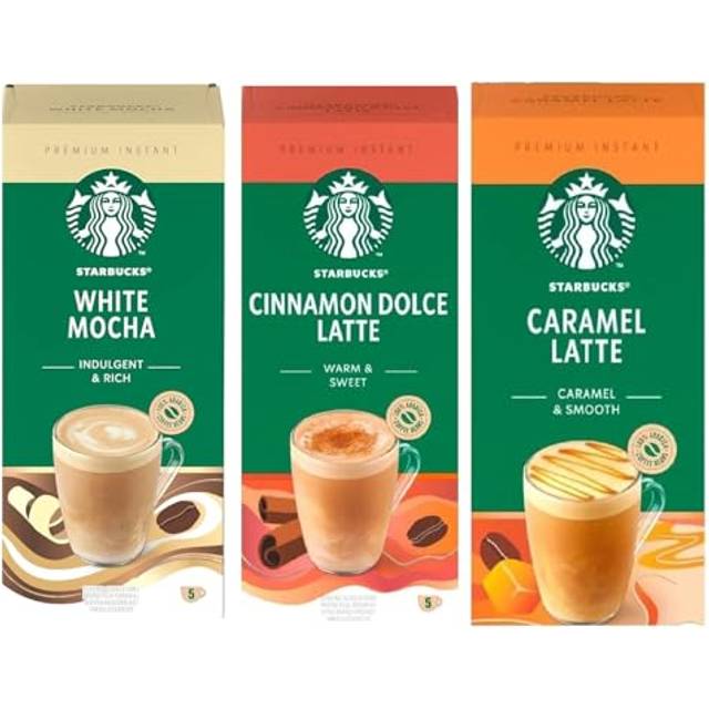 Variety Pack Premium Instant Coffee Sachets Flavours inc. White Mocha, Caramel Latte, and Cinnamon Dolce. (Pack of 3, Each Pack 5 Sachets, Total 15