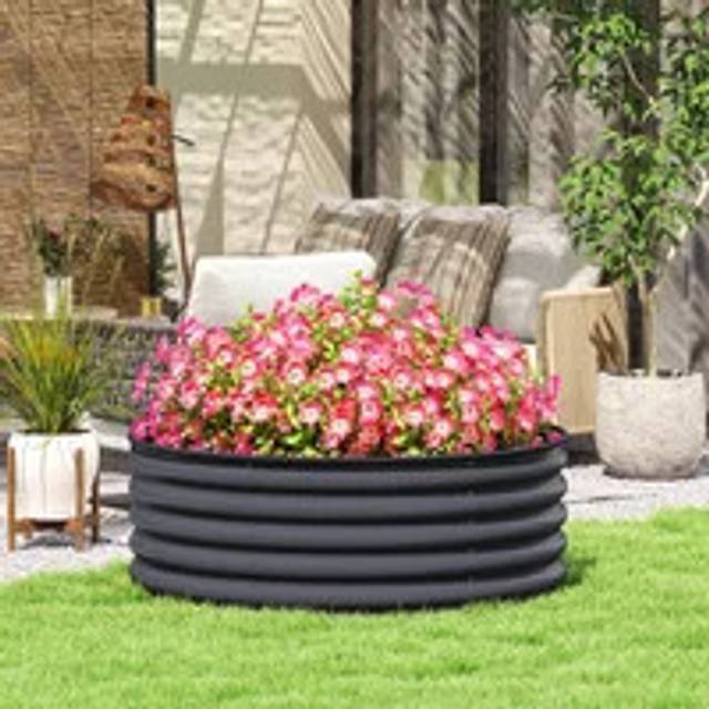 Outsunny Galvanised Planter with Gloves, 120 x 120 x 43cm, Dark Grey, Grey