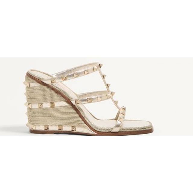 Valentino Garavani Rockstud Wedge Sandal In Laminated Nappa With Cornely Embroidery 100Mm Woman PLATINUM 41.5