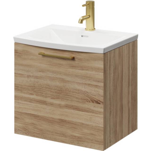 Napoli Wall Mounted Vanity Unit with 1 Tap Hole Curved Basin and Single Drawer with Brushed Brass Handle | Bordalino Oak | MDF | 500mm