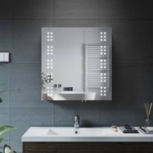Bathrrom Wall Cabinet Illuminated led Mirror Demister Pad Shaver Socket Bluetooth Speakers Sensor 630x650mmStainless Steel Cupboard - Elegant