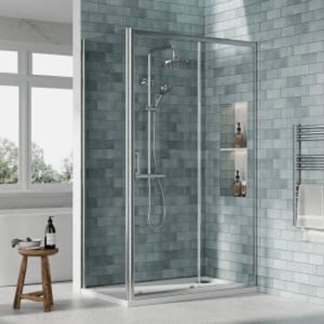 Nuie Chrome Sliding Door Side Panel Tray & Waste Shower Enclosure Package - 1200 x 700mm