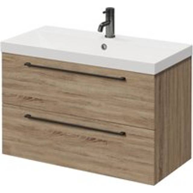 Napoli Wall Mounted Vanity Unit with 1 Tap Hole Slim Edge Basin and 2 Drawers with Gunmetal Grey Handles | Bordalino Oak | MFC | 800mm