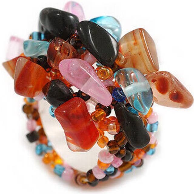 Multicoloured glass bead cluster band style flex ring/ size m