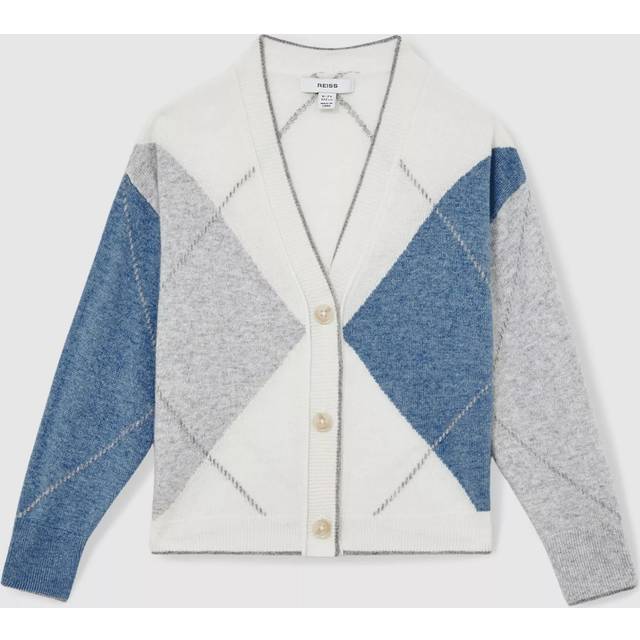 Reiss Kids' Stanton Wool Cashmere Check V-Neck Cardigan, Blue