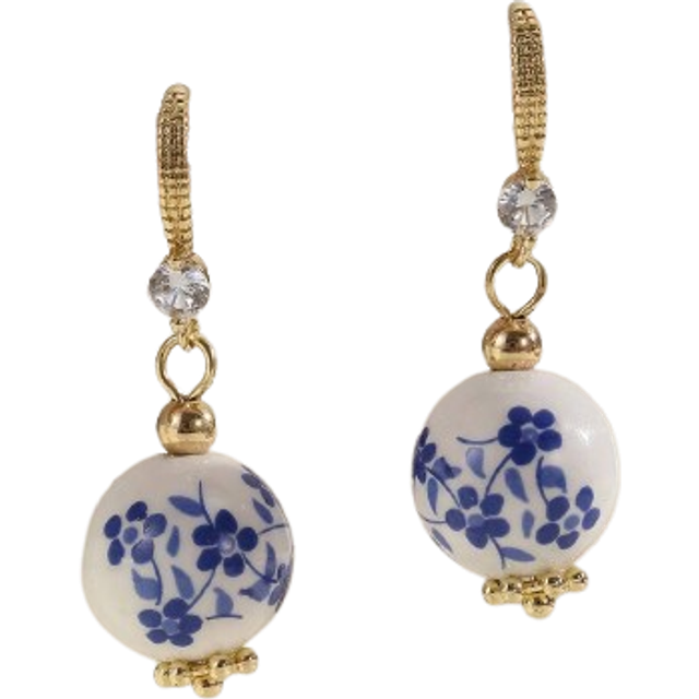 MESTILO 1pair Vintage Ceramic Blue Print Bead Earrings, Copper Antique Style Blue And White Porcelain Ear Drops For Women&#39;s Daily Wear