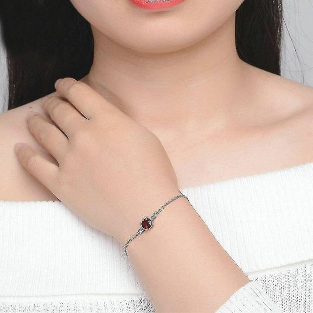 Lamoon Natural Gemstone 7mm Red Garnet 925 Sterling Silver Chain Charm Bracelet
