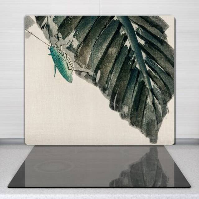 Serving chopping board glass painting asian leaves insect bairei gakan 60x52cm
