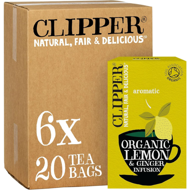 Clipper Organic Lemon & Ginger Tea Bags | 120 Teabag Sachets (6x Boxes of 20) | Bulk Buy, Home & Catering | Caffeine-Free Herbal Tea Bags |