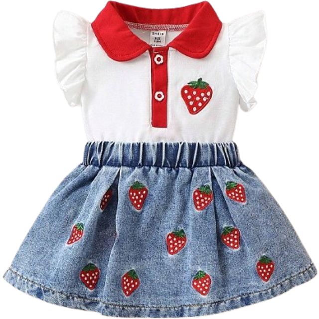 SHEIN 2pcs Baby Girls&#39; Ruffled Strawberry Top Matched With Cartoon Denim Skirt Set