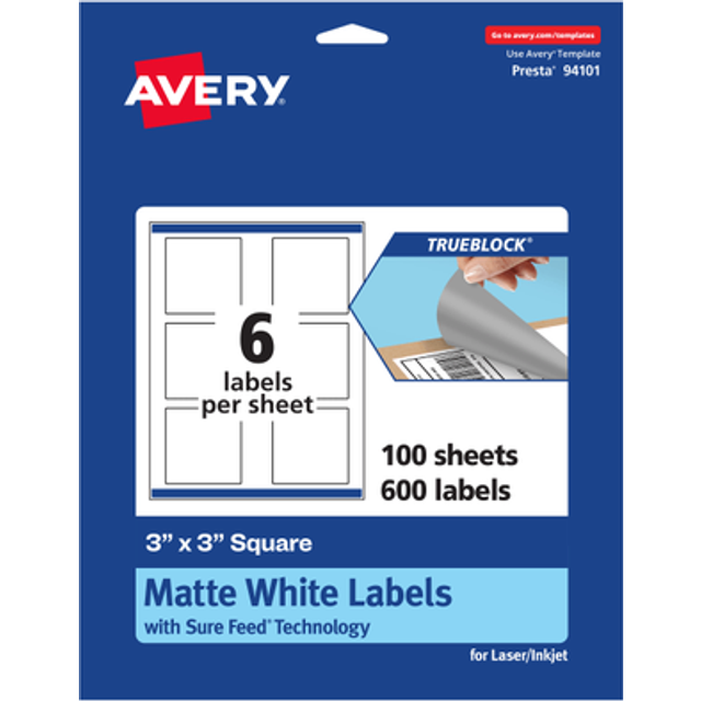 "Avery TrueBlock Matte White Square Labels for Packaging  3"""""""" x 3""""""""  600 Labels  Print-to-The-Edge  Laser/Inkjet Printable"