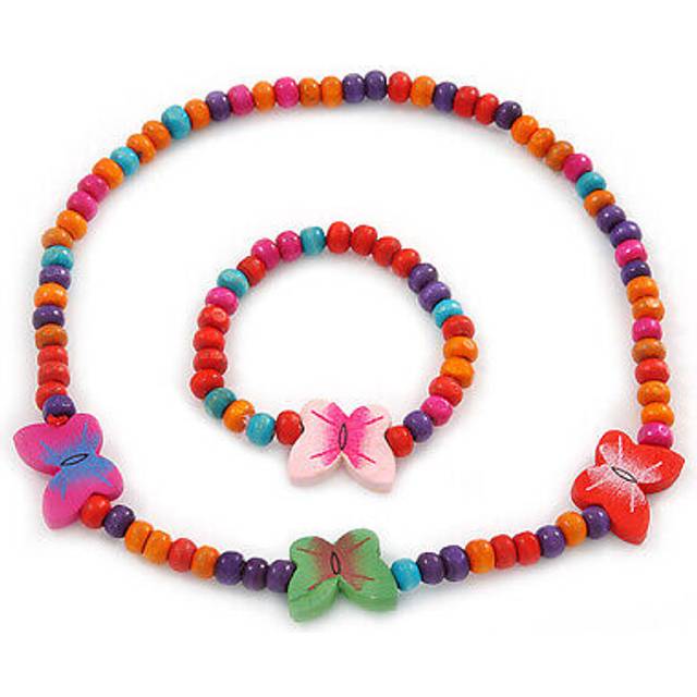 Children's multicoloured butterfly wooden flex necklace & flex bracelet set