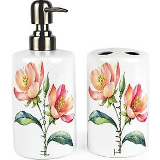Coral flowers bathroom set - pink floral ceramic soap bottle & toothbrush holder