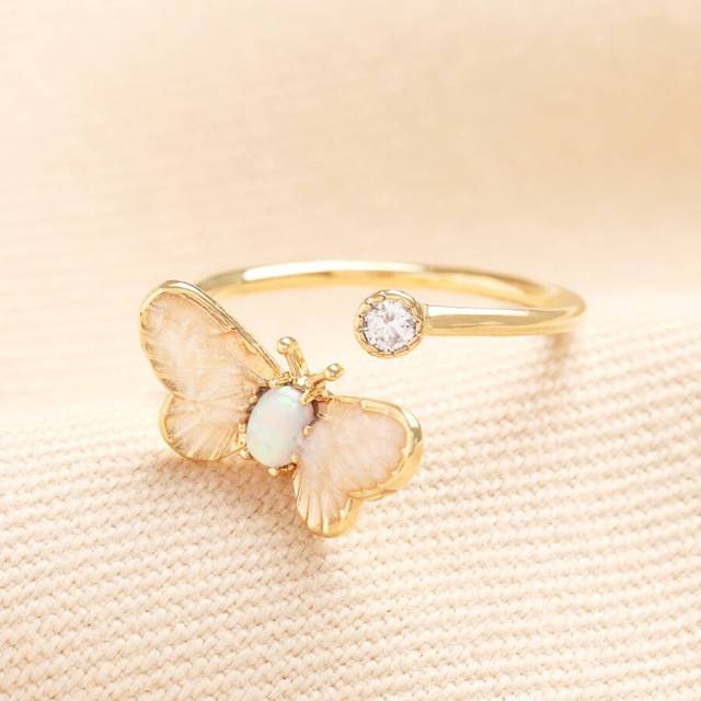Adjustable Opal Butterfly and Crystal Ring in Gold - pink/blue/gold - one size