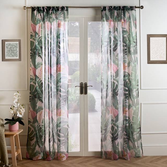 Voile Net Curtains Tropical 2 Window Panels Sheer Slot Top Pair Set - Pale Green - 140cm width x 220cm drop