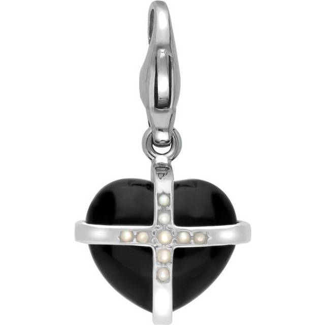 Sterling Silver Whitby Jet Nine Pearl Small Cross Heart Charm - Gold