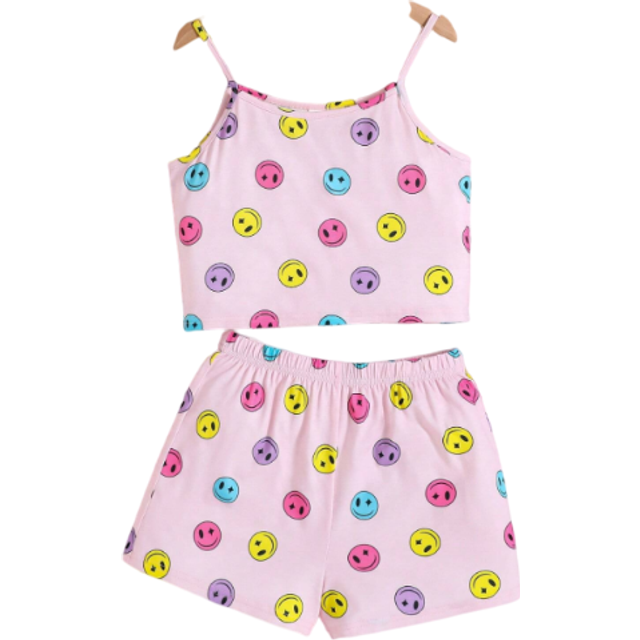 SHEIN Tween Girls&#39; Summer Cute Smiling Face Pattern Knitted Flame Retardant Pajamas Set With Tank Top And Shorts