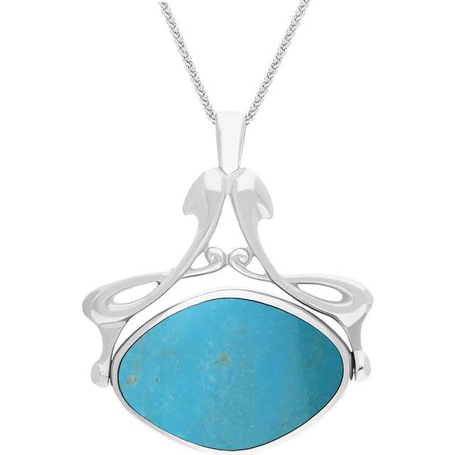 Sterling Silver Whitby Jet Turquoise Bell Diamond Swivel Fob Necklace - Silver