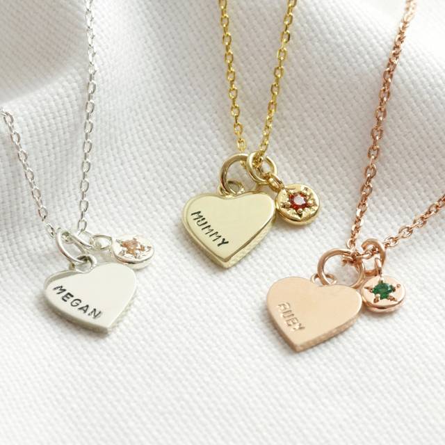 Personalised Heart and Birthstone Charm Necklace - gold/rose gold/silver - one size