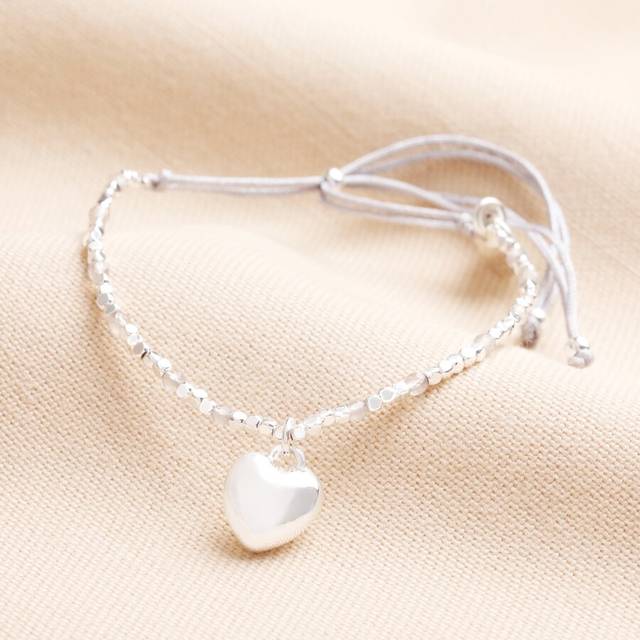 Semi Precious Beaded Heart Charm Cord Bracelet in Silver - silver/grey - one size