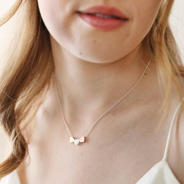 Brushed Mixed Metal Triple Heart Necklace - gold/silver/rose gold