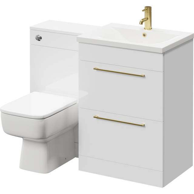 Gloss White 1100mm Vanity Unit Toilet Suite with 1 Tap Hole Basin and 2 Doors with Brushed Brass Handles - Napoli