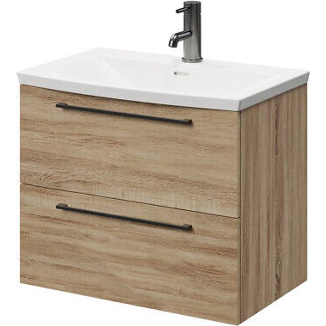 Napoli Wall Mounted Vanity Unit with 1 Tap Hole Curved Basin and 2 Drawers with Gunmetal Grey Handles | Bordalino Oak | MDF | 600mm