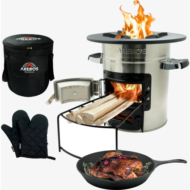 AREBOS Rocket Stove incl. Cast Iron Grill Pan with Carrying Bag & Gloves |Dutch Oven BBQ | Portable Camping Cooker Wood Stove | Outdoor Kitchen|Silver
