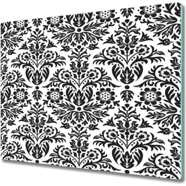 Glass chopping board utensil board damask floral black and white large 60x52