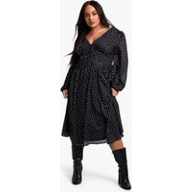 Womens Plus Woven polka dot Milkmaid Midi Skater Dress - Black - 24