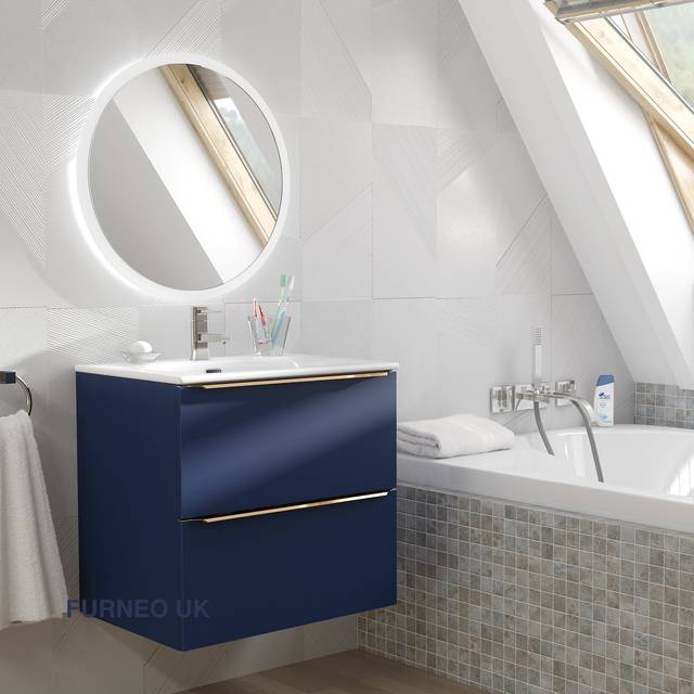 Bathroom Vanity Unit Floating Storage Basin Gloss Grey 2-Drawer 60cm With Gold Handle - Furneo
