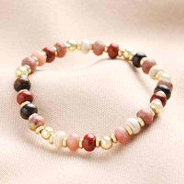 Autumnal Mixed Beaded Bracelet in Gold - gold/brown/red - one size